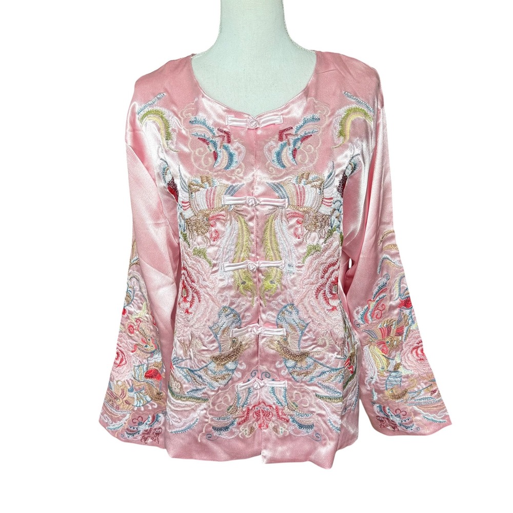Vintage Style Pink Satin Embroidered‎ Phoenix Frog Button Jacket Womens Size 15